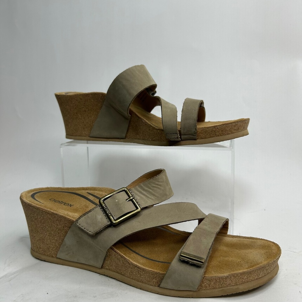 Aetrex Kimmy CK312W Taupe Leather Cork Wedge Sandals Womens 10.5-11